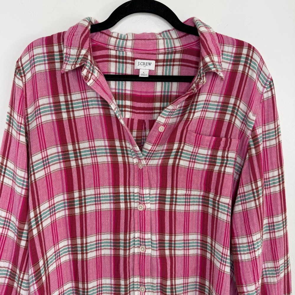 J.Crew Plaid Button Down Shirt Pink‎ Green Long Sleeve Sz L Cotton Flannel Cozy - Picture 2 of 11